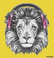 Portrait of Lion with headphones. Hand drawn illustration. vászonkép, poszter vagy falikép