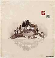 Sziget fákkal ködben. Hagyományos japán festékfestés sumi vászonkép, poszter vagy falikép