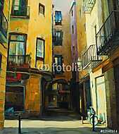 bírósági udvar barcelona gótikus negyedében, festészet, illusztr vászonkép, poszter vagy falikép