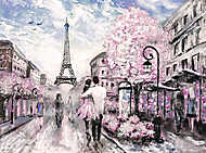 Párizsi utcakép, sétáló párral, virágzó fákkal (olajfestmény reprodukció) vászonkép, poszter vagy falikép