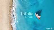 Yacht on the water surface from top view. Turquoise water background from top view. Summer seascape from air. Travel concept and vászonkép, poszter vagy falikép