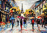 Párizsi utcakép emberek esernyővel (olajfestmény reprodukció) vászonkép, poszter vagy falikép