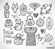 Japán doodle vázlatelemek. Szimbólumok Japánban. vászonkép, poszter vagy falikép
