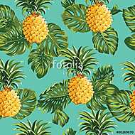 Ananászok és trópusi levelek háttere vászonkép, poszter vagy falikép