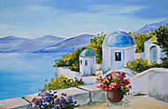 Santorini, ház a tenger közelében (olajfestmény reprodukció) vászonkép, poszter vagy falikép