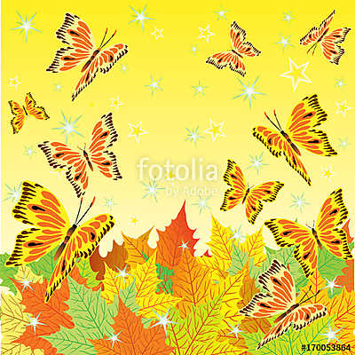 Őszi levelek pillangókkal (keretezett kép) - vászonkép, falikép otthonra és irodába