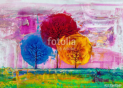 Absztrakt színpompás fák a réten (olajfestmény reprodukció) (poszter) - vászonkép, falikép otthonra és irodába