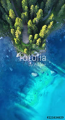 Aerial view on the lake and forest. Natural landscape from drone. Aerial landscape from air in the Dolomite alps, Italy. (bögre) - vászonkép, falikép otthonra és irodába
