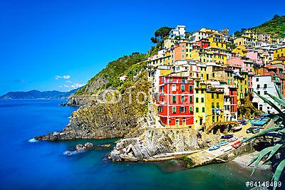 Riomaggiore falu, sziklák és a tenger napnyugtakor. Cinque Terre (többrészes kép) - vászonkép, falikép otthonra és irodába