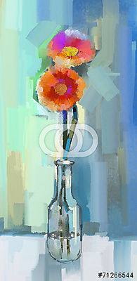 Üveg váza gerbera virágokkal (keretezett kép) - vászonkép, falikép otthonra és irodába
