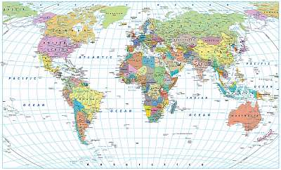Színes világtérkép - határok, országok, utak és városok. isolat (keretezett kép) - vászonkép, falikép otthonra és irodába
