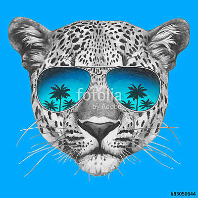 Hand drawn portrait of Leopard with mirror sunglasses. Vector is (bögre) - vászonkép, falikép otthonra és irodába