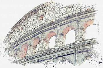 Római kolosszeum, rajz részlet (többrészes kép) - vászonkép, falikép otthonra és irodába