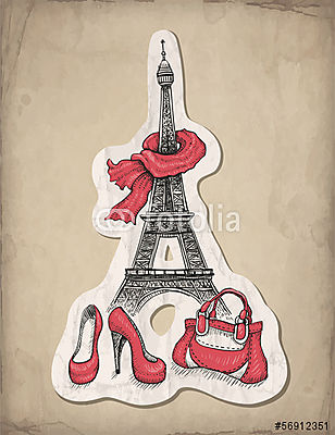 Divat illusztráció. Eiffel-torony, cipők és kézitáska (bögre) - vászonkép, falikép otthonra és irodába