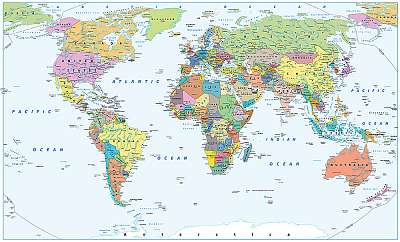 Politikai Világtérkép - határok, országok és városok (poszter) - vászonkép, falikép otthonra és irodába