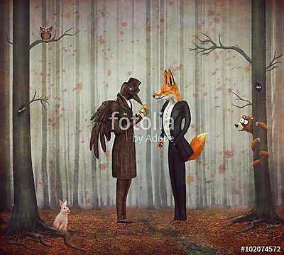 Raven és róka egy sötét erdőben, az órára nézve (poszter) - vászonkép, falikép otthonra és irodába