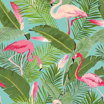 Trópusi zökkenőmentes vektor flamingó és virágos nyári mintázat. (keretezett kép) - vászonkép, falikép otthonra és irodába
