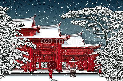 Japán vagy kínai templom hó alatt (többrészes kép) - vászonkép, falikép otthonra és irodába