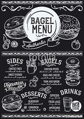 Bagels restaurant menu. Vector sandwich food flyer for bar and c (poszter) - vászonkép, falikép otthonra és irodába