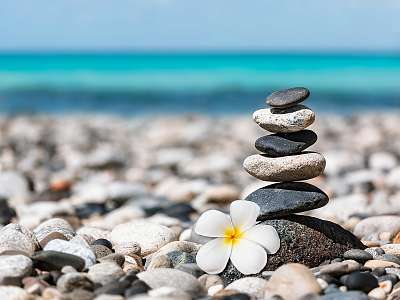 Zen balanced stones stack with plumeria flower (fotótapéta) - vászonkép, falikép otthonra és irodába