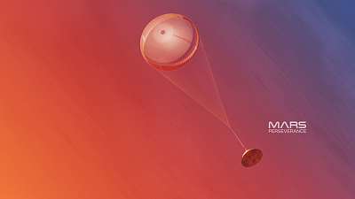 Perseverance nyitott ejtőernyővel tart a Mars felszíne felé (Illusztráció) (többrészes kép) - vászonkép, falikép otthonra és irodába