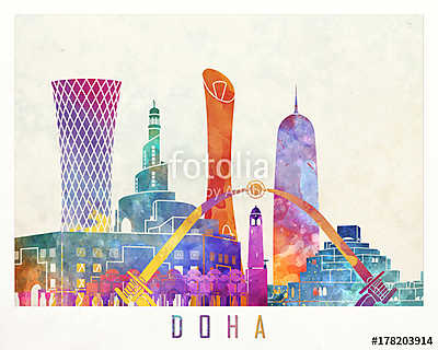 Doha landmarks watercolor poster (keretezett kép) - vászonkép, falikép otthonra és irodába