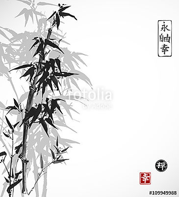 Bambusz kártya fehér alapon sumi-e stílusban. Kézzel rajzolt (keretezett kép) - vászonkép, falikép otthonra és irodába