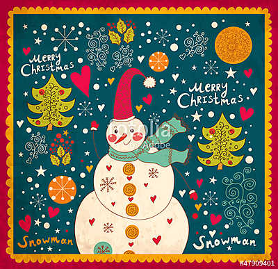 Karácsonyi kártya hóemberrel (keretezett kép) - vászonkép, falikép otthonra és irodába