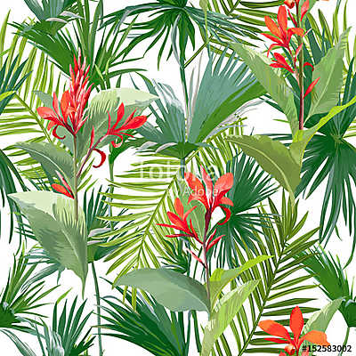 Trópusi pálma levelek és virágok, dzsungel levelek zökkenőmentes (keretezett kép) - vászonkép, falikép otthonra és irodába