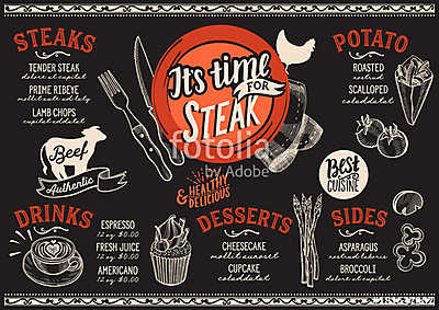 Steak menu restaurant, food template. (keretezett kép) - vászonkép, falikép otthonra és irodába
