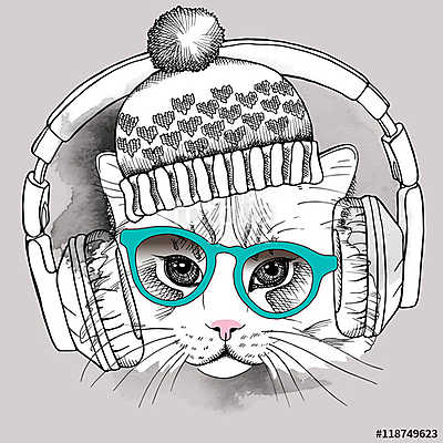 Image cat portrait in a hat and headphones. Vector illustration. (keretezett kép) - vászonkép, falikép otthonra és irodába