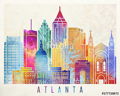 Atlanta landmarks watercolor poster (keretezett kép) - vászonkép, falikép otthonra és irodába