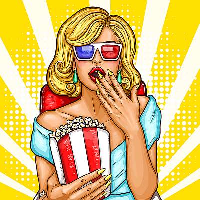 Vector pop art illustration of a excited blond woman sitting in the auditorium and watching a 3D movie. (keretezett kép) - vászonkép, falikép otthonra és irodába