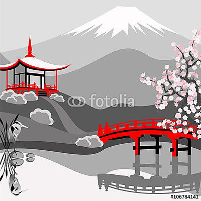 Japán tájkép Fuji-val. Vektor kézzel rajzolt illustratio (keretezett kép) - vászonkép, falikép otthonra és irodába