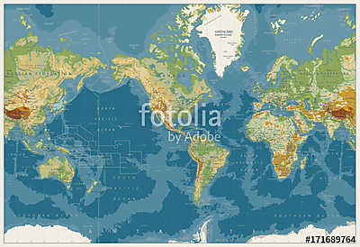 Világtérkép Amerikai központú fizikai térkép (bögre) - vászonkép, falikép otthonra és irodába