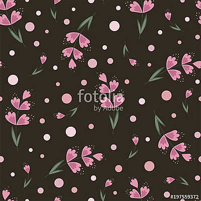 Spring floral seamless pattern with pink flowers on a dark backg (keretezett kép) - vászonkép, falikép otthonra és irodába