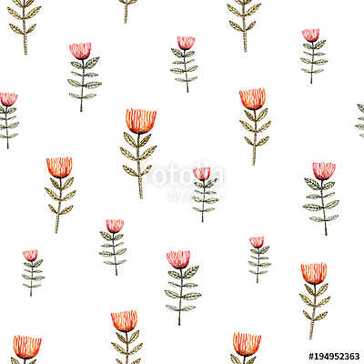 Watercolor seamless pattern with little red flowers on a white b (többrészes kép) - vászonkép, falikép otthonra és irodába