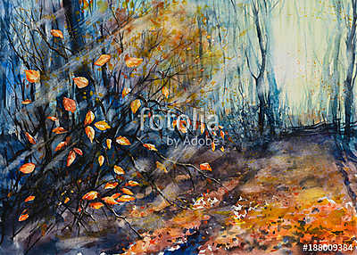 Őszi erdő (akvarell) (keretezett kép) - vászonkép, falikép otthonra és irodába