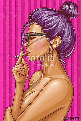Vector pop art illustration of nude girl with closed eyes smoking cigarette. Sexy hipster woman in glasses on striped pink backg (poszter) - vászonkép, falikép otthonra és irodába