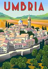 Utazás poszter - Umbria, Olaszország (keretezett kép) - vászonkép, falikép otthonra és irodába