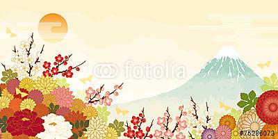Fuji virágokkal az előtérben (keretezett kép) - vászonkép, falikép otthonra és irodába