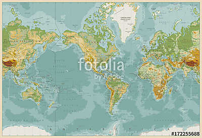 Amerika központú fizikai világtérkép. Vintage szín (többrészes kép) - vászonkép, falikép otthonra és irodába