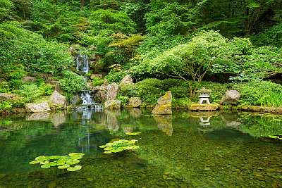 Japánkert, kis vízeséssel (keretezett kép) - vászonkép, falikép otthonra és irodába
