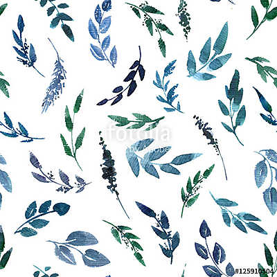 seamless pattern with blue watercolor leaves (poszter) - vászonkép, falikép otthonra és irodába
