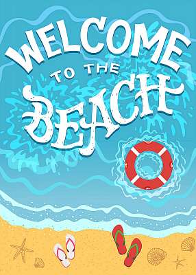 Üdvözöljük a tengerparton. A tengerparton felülnézet flip-flopok (keretezett kép) - vászonkép, falikép otthonra és irodába