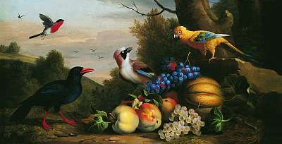 Csendélet madarakkal és gyümölcsökkel (többrészes kép) - vászonkép, falikép otthonra és irodába