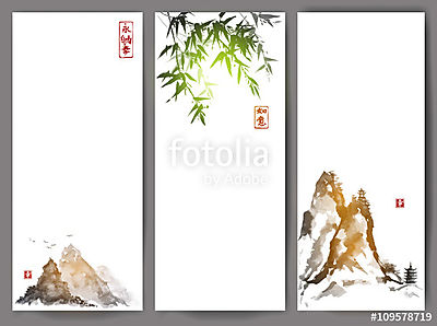 Három bannert hegyekkel és bambuszokkal a hagyományos japánoknál (többrészes kép) - vászonkép, falikép otthonra és irodába