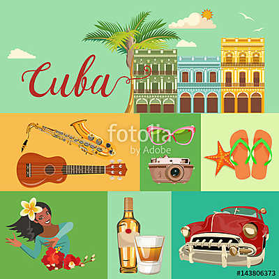 Kuba látványosság és látnivalók - utazási képeslap fogalom. Vect (poszter) - vászonkép, falikép otthonra és irodába