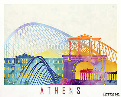 Athens landmarks watercolor poster (keretezett kép) - vászonkép, falikép otthonra és irodába