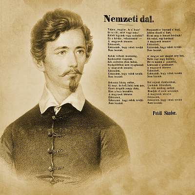 Petőfi Sándor arcképe a Nemzeti dal nyomtatott kiadásának képével (keretezett kép) - vászonkép, falikép otthonra és irodába
